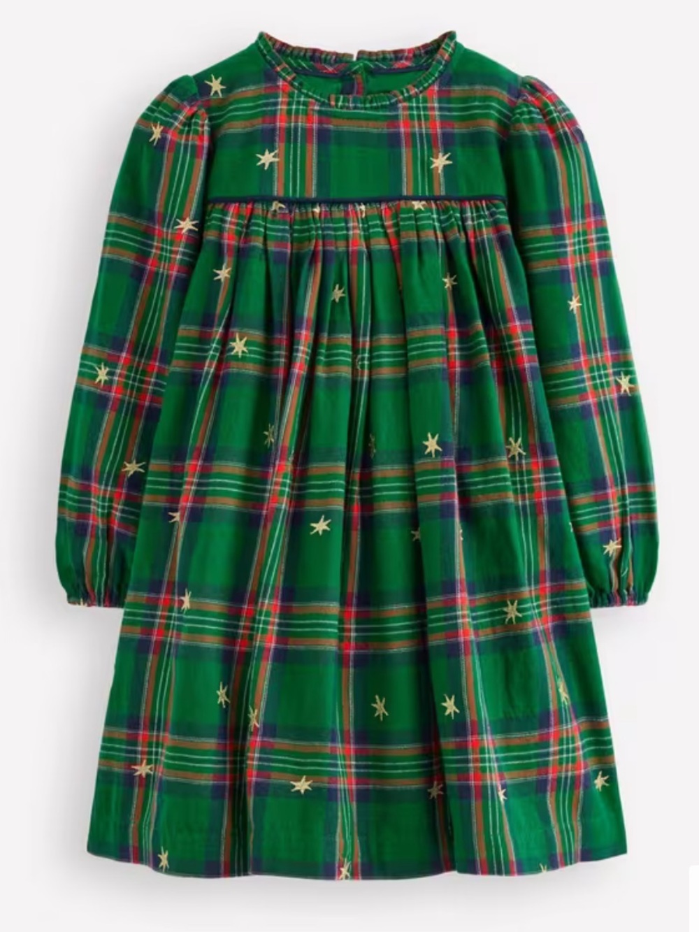 Mini Boden Green Plaid Holiday Dress with Gold Stars